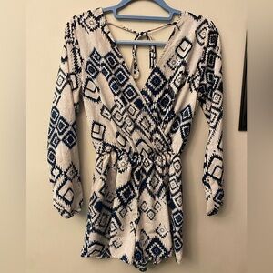 One Clothing Blue and Cream Geometric Romper